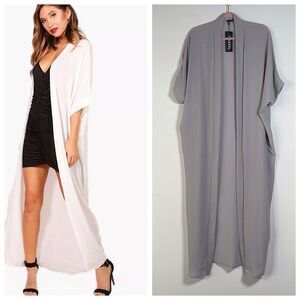 Boohoo Maxi Kimono Duster Coverup Womens Sz S/M Gray Oversized Short Sleeve